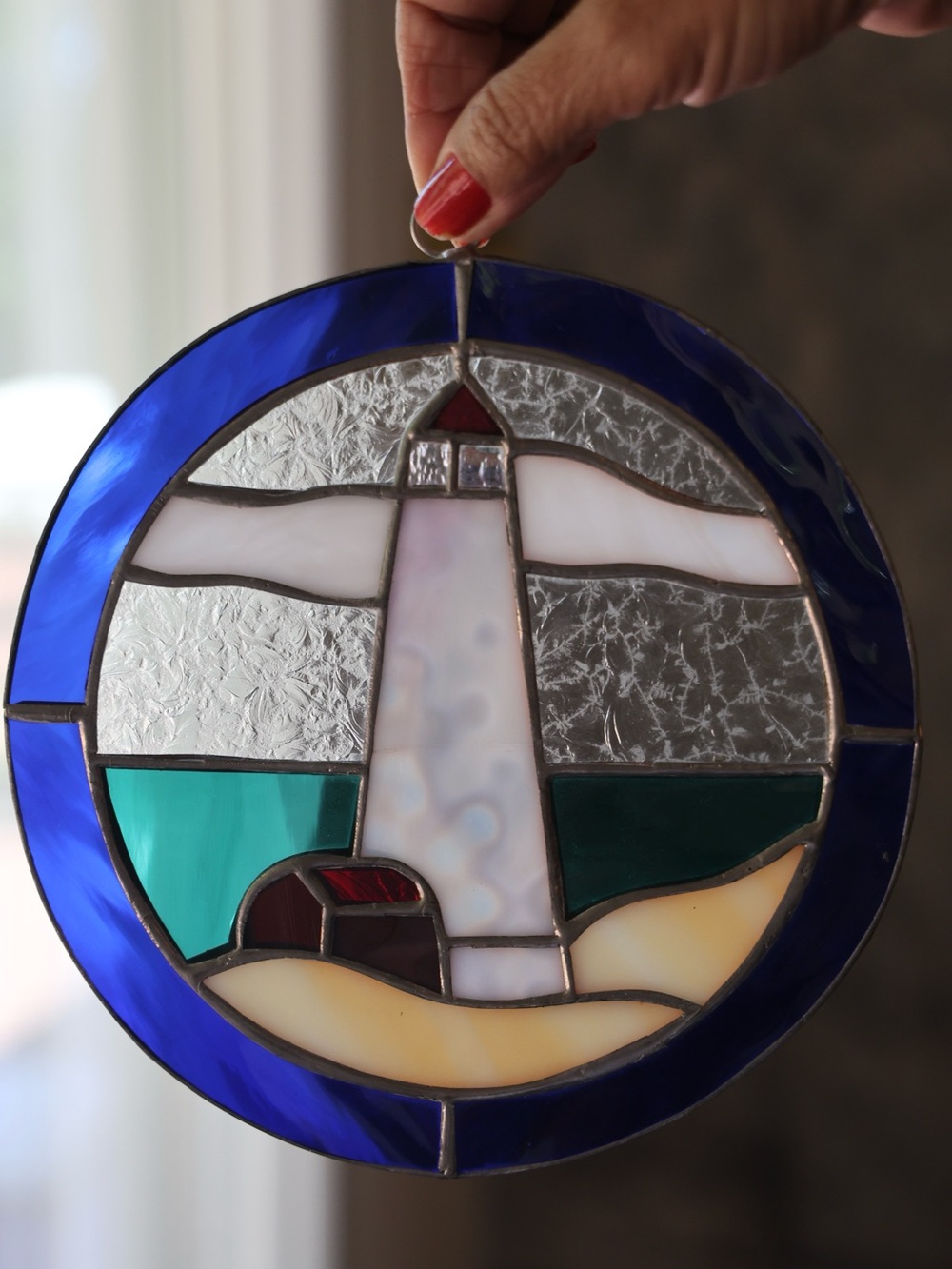 Vintage stained glass lighthouse suncatcher nautical coastal window decor
